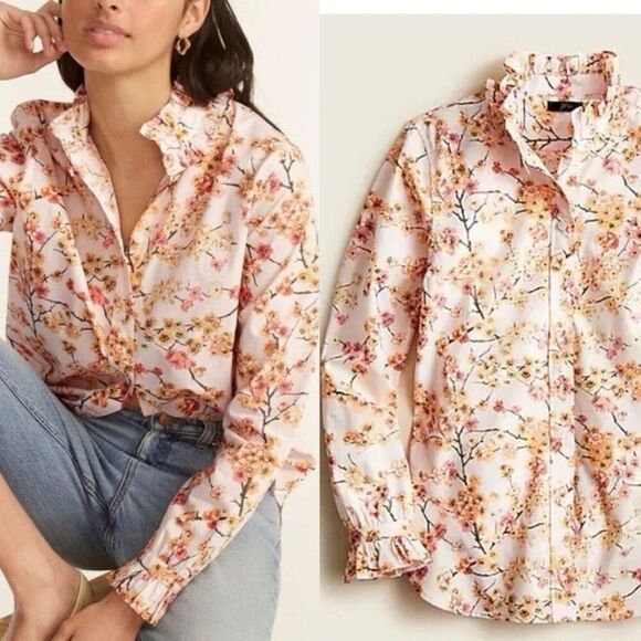 J Crew Sz 12 Classic Fit Cherry Blossom Floral Pink Ruffle Button Down Shirt - Picture 1 of 7